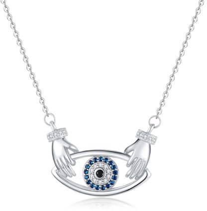 Auriselle Collier Femme Mains étreignant Squelette Pendentif œil du Diable Monture Zircon Bijoux Colliers Longueur Réglable 40-45cm pour Femmes Fête des Mères, Argent