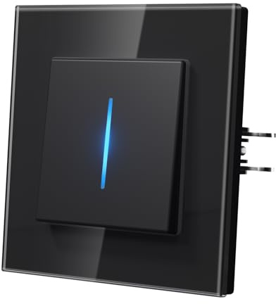 MVAVA Interruptores Conmutador con Garfio,Interruptor pared con Cristal,Basculante Con Pilotitos LED,Fácil Instalación,Conectores de Resortes,1 Gang 2 Vía,86mm Negro