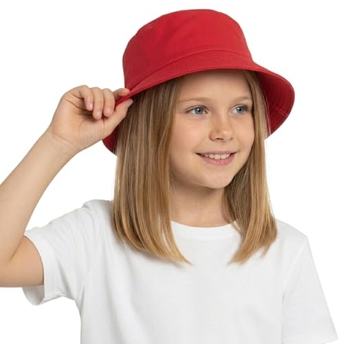 A2Z 4 Kids Girls Boys Bucket Hat 100% Cotton Foldable Summer Sun - Hat Bucket 1464 Red 7-10 Yrs