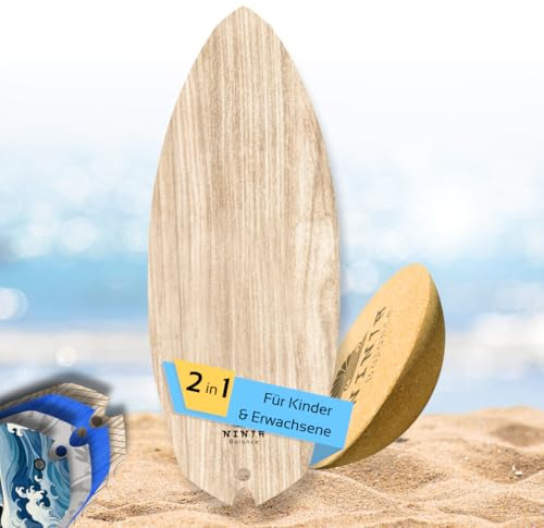 Ninja Balance Board | Balance Board + Kork Halbkugel – Gleichgewichtstrainer für Kinder & Erwachsene – 100% Holz in Rocker shape - Indoor Surfing Board Fitness | Trickboard für Core Training | Natur
