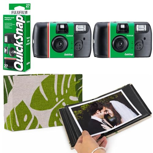 Fujifilm Quicksnap 27 Exposure Disposable Camera With Flash 400 ISO Speed Film Bundle – Includes 2 x Single Use Cameras, Complete With A Stylish Palm Fabric 36 Slot Photo Album Ready To Use