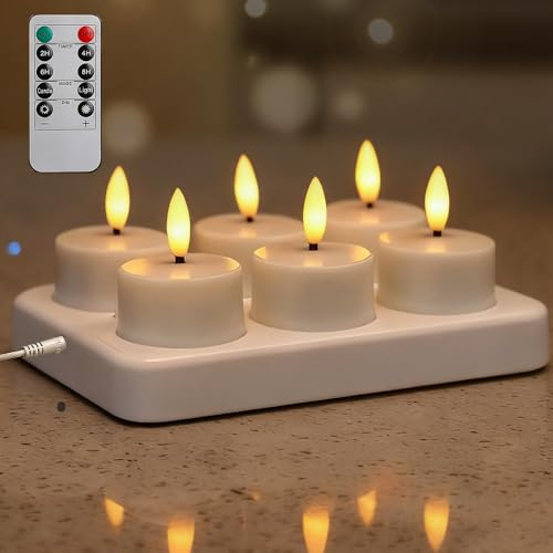 XUXLEKK LED Teelichter mit Timer, 6 Stück Wiederaufladbare LED Kerzen, 3.9x4.7 cm, Elektrische Teelichter mit Fernbedienung für Zuhause, Zimmer, Tisch, Camping, Halloween, Weihnachtsdekoration