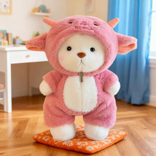 Teddybär Plüschtier mit Schaf Kostüm, 40 cm Plüsch-Bär, Interaktiver Kuscheltier mit Reißverschluss Outfit, Stofftier Spielzeug Dekozimmer Kissen, Geschenke für Kinder Jungen Mädchen Geburtstag (Rosa)