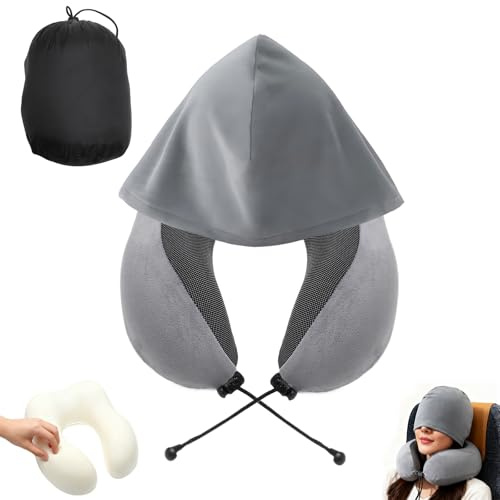 VOSSOT Almohada de Viaje con 1 Bolsa de Almacenamiento, Collarin Cervical Ergonómico con Capucha, Ideal para Avión, Coche, Oficina y Casa (Gris Claro)