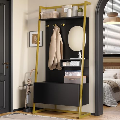 Ensemble De Vestiaire D'EntréE Penderie Compacte Moderne Minimaliste avec Miroir,Crochets MéTalliques,Porte-VêTements avec Banc à Chaussures Meuble Rangement Multifonction Ouvert
