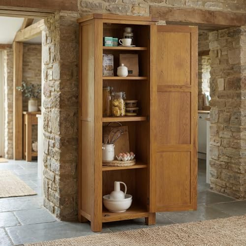The Furniture Market Rustic Oak Single Door Shaker Cupboard | Tall Storage Cabinet with 5 Shelves | Adjustable Shelving | Solid Oak | Kitchen, Living, Dining & Bedroom