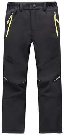AMhomely Waterproof Softshell Trousers Kids-Winter Fleece Lined Pants with Zip Pocket,Boys Girls Outdoor Hiking Trouser for Ski Mountaineering Snowboarding A Black 13-14 Years