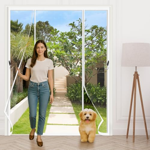 Magnetic Fly Screen for Double Doors 180x200cm,Heavy Duty Self-Closing Full Frame Mesh with Insect Proof & No-Tools Hook & Loop Installation for Patio Sliding French Doors, White