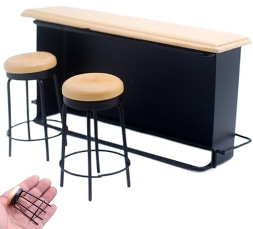 AZIDWERYQ 3 st/set miniatyrdockhussmöbler, dockhusmöbler i trä med bardisk och pallar, realistisk robust mini för skrivbordshantverk, dekor rekvisita