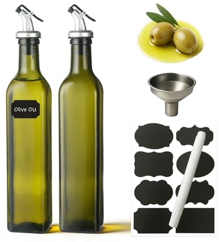 WERTIOO Ölflasche 500ML, 2 Stück Olivenöl Flasche, Essig und Ölflaschen Set | 17OZ Ölflasche mit Ausgießer und Trichter, Glas Ölspender, Essig Öl Flaschen für Küche BBQ, Olive Oil Bottle, Grün