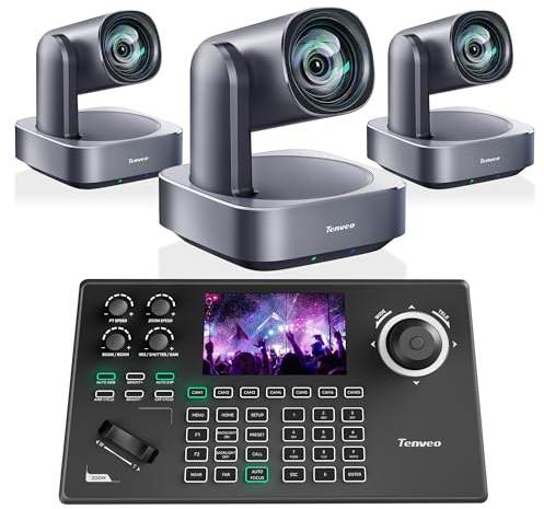 Tenveo Kit Telecamera PTZ e Controller - 3 Telecamere PTZ 4K con Auto-Tracking AI 12X, HDMI/USB3.0/LAN(PoE) e 1 Controller Joystick NDI con Screen da 5 Pollici per Live Streaming