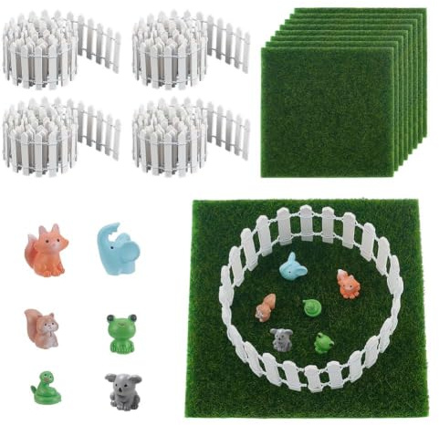 OLYCRAFT 35 Inch Mini Fairy Garden Fence Set with 4Pcs White Picket 8Pcs Fake Grass 15x15cm and 12Pcs Mini Animal Decorative Picket Fence Miniature Garden Ornament for DIY Minihouse Landscape