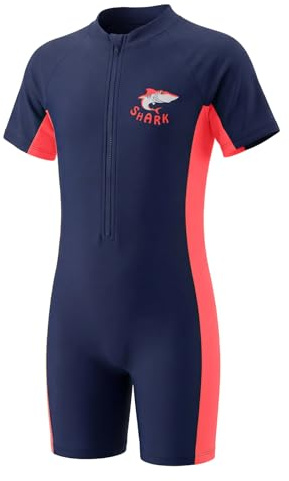 JiAmy Boys Swimming Costume All-in-one, Colour Block, 3-12 Years | UV Protection, Short Sleeves, Front Zip, One Piece, Quick Dry Beach Pool Surf Lessons