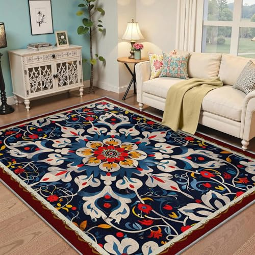 Alfombra maximalista Bohemia, Colorida Floral Oriental con Manta Antideslizante, de Pelo bajo y Estilo Tradicional Barroco Alfombra para Dormitorio de Invitados 120x240cm