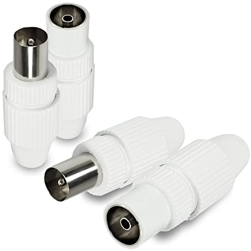 Com-Four® Juego de 4 Piezas - Enchufe Sat y Acoplamiento - Acoplamiento de Enchufe Coaxial de Antena de TV en Blanco (Conjunto HQ)