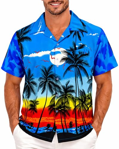 King Kameha Camisa Hawaiana para Hombre de Manga Corta, Camisa Aloha de Verano con Estampado de spiagga, Ligera y fácil de cuidar
