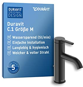 Duravit C.1 Waschtischarmatur, Größe M (Auslauf Höhe 86 mm). Wasserhahn Bad mit Zugstangen-Ablaufgarnitur, Schwarz Matt