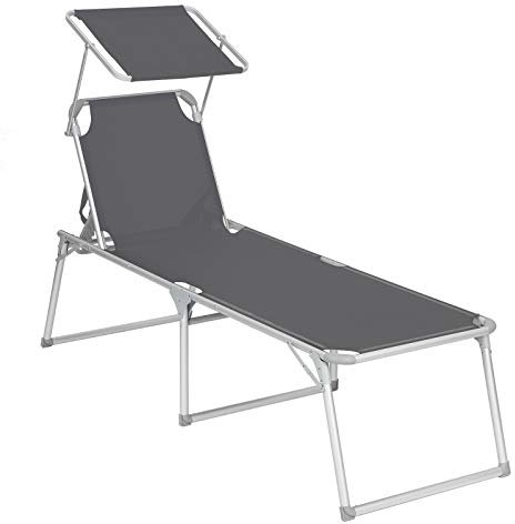 SONGMICS Sonnenliege mit Dach, Liegestuhl, Gartenliege, Aluminium, groß, 65 x 200 x 48 cm, bis 150 kg belastbar, Rückenlehne verstellbar, klappbar, Garten, Balkon, Terrasse, grau GCB26GY
