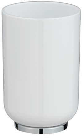 WENKO Zahnputzbecher Posa, moderner Zahnbürstenhalter für Zahnbürste, Zungenreiniger und Zahnpasta aus weißem Kunststoff mit eleganten Chrom-Akzenten, BPA-frei, Maße (B/T x H): Ø 7 x 11 cm, Weiß