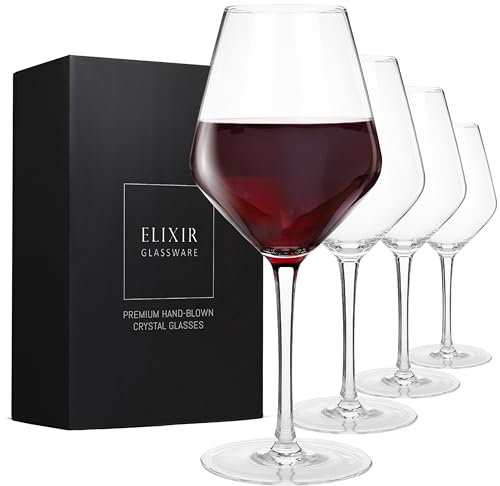 Copas de vino tinto – Juego de 4 copas de vino grandes sopladas a mano – copas de vino de tallo largo, cristal premium – cata de vino, boda, aniversario, Navidad – 623 g, transparente