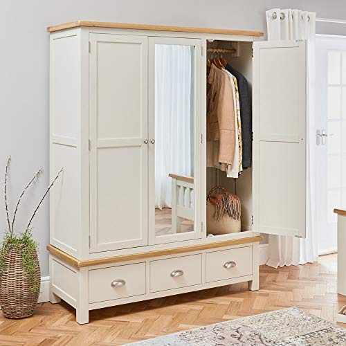 The Furniture Market - Cotswold Cream Painted Triple 3 Door Wardrobe with Mirror - Spacious Storage Solution with Natural Oak Top, Perfect for Bedroom or Dressing Room – H 1910 x W 1460 x D 570mm