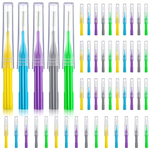 50 Spazzolini Interdentali Scovolini per Pulizia di Denti Stuzzicadenti Dentali Strumento con Testina di Filo Interdentale per Igiene Orale (Azzurro, Viola, Giallo, Grigio, Verde Chiaro)