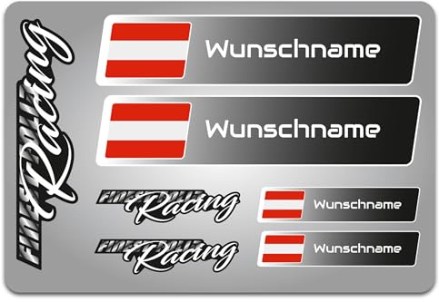 4er Set Aufkleber mit Fahne Flagge und wahlweise Name Sticker für Auto Fahrrad Motorrad Roller Helm im Rallye Racing Design R156 (21 Österreich, Mit Wunschname)