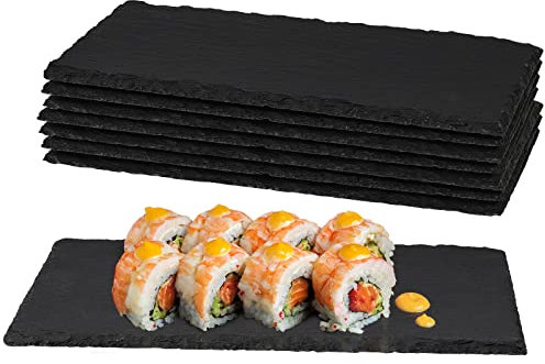PINGEUI Lot de 8 planches à fromage rectangulaires en ardoise noire de 22,9 x 15,2 cm avec bords naturels, plateau à fromage moderne en ardoise pour fromage, apéritif, sushis, charcuterie