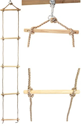HOQ Strickleiter mit 5 Holzsprossen 1-Punkt Aufhängung | Benötigt nur einen freien Schaukelhaken | für Klettergerüst von 185-240 cm Höhe