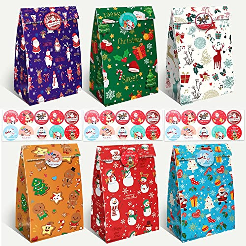 48 Stück Geschenktüten Weihnachten, Bunt Klein Papiertüten Party Geschenkboxen mit 48 Aufkleber für Weihnachten Kekstüten,Giveaways,Kindergeburtstag, Geschenken Hochzeit