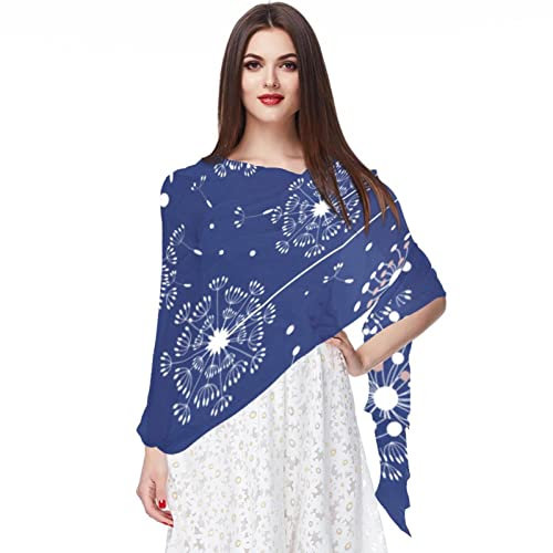 Chiffon-Schal, leicht, weich, durchsichtig, lang, für alle Jahreszeiten, dunkelblaues Löwenzahn-Blowball-Muster, mehrfarbig