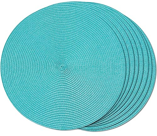 FunWheat Runde geflochtene Tischsets für den Esstisch, gewebt, waschbar, rutschfest, 38,1 cm, Türkis, 8 Stück