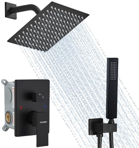 YCAIKOI Matte Black Shower System, 8 Inch High Pressure Rain Shower with Handheld, Wall Mount Shower Faucet Set for Bathroom, Rough-in Valve Body and Trim Included
