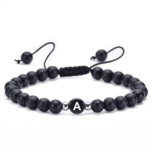Whoiy Beads Armband Damen, Armband Männer Schwarz Achat Legierung Verstellbare Perlen mit Buchstabe A Geburtstagsgeschenk Perlenarmband 17cmx6mm