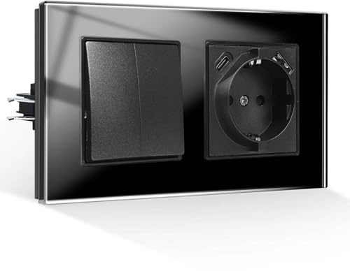 CNBINGO Lichtschalter mit USB Steckdose Unterputz - Glas Schuko Steckdose mit USB-A und Typ-C Port (Max. 2,1 Amp total) Gehärteter Glasscheibe Steckdose mit Steckklemme - 2 Fach 1 Weg, Schwarz