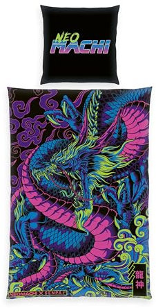 Herding Bettwäsche Neomachi Drache, Kopfkissenbezug 80 x 80 cm mit Reißverschluss und Wende-Motiv, Bettbezug 135 x 200 cm, Mit Reißverschluss, 100% Baumwolle/Renforcé