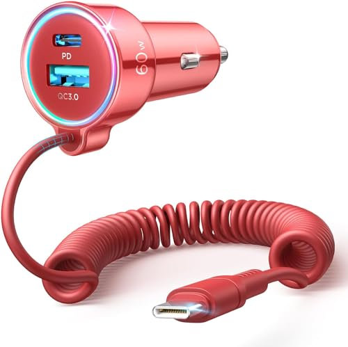 Zigarettenanzünder USB C Adapter, 60W [DUAL CHIP] 3 Häfen PD3.0 & QC3.0 Schnell Kfz Ladegerät mit 1.5M Schnell Spiral Typ C Kabel, Auto ladegerät für iPhone 16/15, Samsung S24, usw.