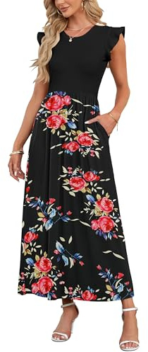 AUSELILY Summer Maxi Dress Women with Pocket Beachdress Petal Ruffle Sleeve | High Waist Crew Neck Casual Long Sundress A Line Flowy Wedding Cocktail Party Dresses Ladies Vacation Maternity Daily Boho