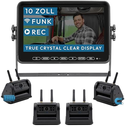 VSG24 Element HD XL Funk Rückfahrkamera Set – 10 Zoll HD Monitor – 4 wetterfeste IP68 Akku-Magnetkameras – Multiscreen – 140° Weitwinkel – für Wohnmobil, LKW & Pferdeanhänger