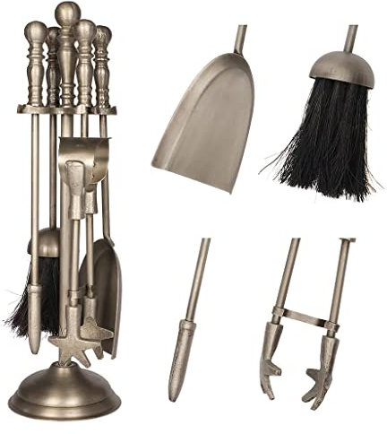 Heavy Duty Fireside Companion Set 4pc Fireplace Tools Set with Fire Poker, Brush, Shovel & Tongs - Recycled Iron Fire Set Log Burner Accessories with Footed Stand (Silver)