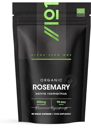 Organic Rosemary 500mg - 90 Vegan Capsules - High Strength Salvia Rosmarinus Supplement - Resealable and Recyclable Pouch - by Alpha01