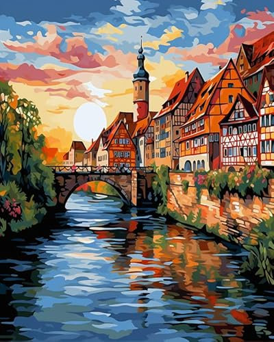 ZMHZMY Digitale Malerei auf Leinwand Alte Gebäude,Fluss DIY Handgemalt Ölgemälde Kits auf Leinwand Geschenk für Weihnachten Geburtstag Home Haus Deko,40x50cm