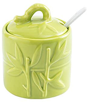 FQCXCKJ Azucarero chino con tapa, tarro de almacenamiento de hojas de bambú en relieve, azucarero de porcelana verde, salero de 200 ml/7 oz (verde individual 1)
