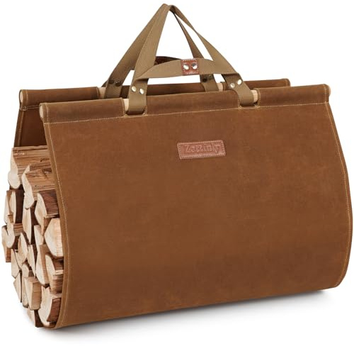 Zettfuly Portalegna da ardere con manici, in tela cerata, per legna da ardere, 96,5 x 48,3 cm, resistente all'acqua, borsa per il trasporto di legna da ardere, accessori per stufe a legna, ruggine