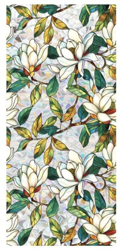 Retro Flower Window Privacy Film,Stained Glass Decals White Mangnolia Privacy Rainbow Decals Living Room Sun Blocking Decor Removable Static Cling Stickers,16.93x39.37inch