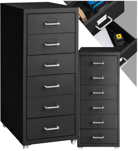 tectake® Metall Rollcontainer, Büromöbel für Schreibtisch, Büro Organizer mit 6 Schubladen, Schubladenschrank 41x28x69 cm - schwarz