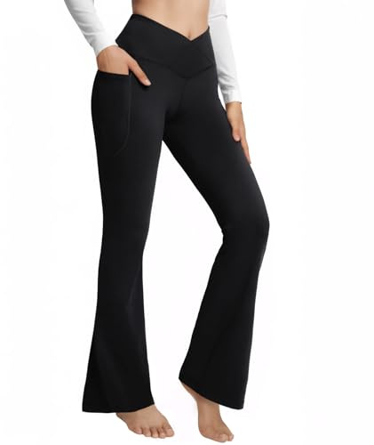 Lishang Pantalones Yoga Mujer Pantalones Acampanados con Bolsillos V Cintura Alta Cruzados Yoga Pants Flared Leggings Deportivos Corte de Bota Elasticos Bootcut Pantalon de Jazz Fitness Casual