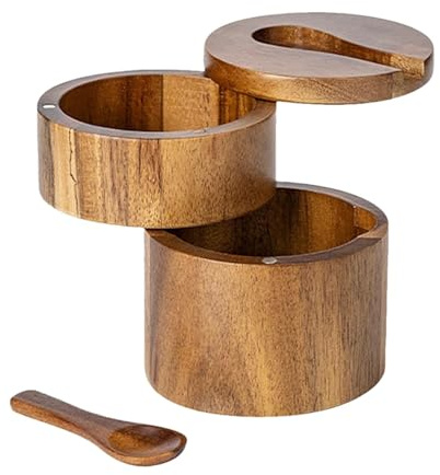 Salt Cellar, Salt Box Rotating Lid, Wooden Storage Box with Magnetic Rotating Lid, Salt Keeper, Round Kitchen Salt Holder, Double Layer Salt Pepper Box for Kitchen Condiment