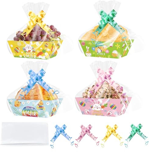 QMLING 12 cestini pasquali in cartone, vuoti con sacchetti di cellophane e fiocchi di trazione, graziosi cesti regalo con coniglietti, cestino regalo pasquale vuoto per confezioni regalo, accessori