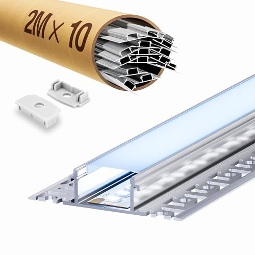 LASLUX 2 m x 10 stycken (20 m) LED-profil – aluminium för LED-tejp upp till 20 mm, LED-skena/takspår, matt lock, 61,8 mm fenor, tillbehör ingår